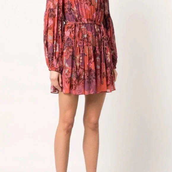 A.L.C. Red Mix Floral V-Neck Long Sleeve Mini Dress size 8 - Picture 5 of 7